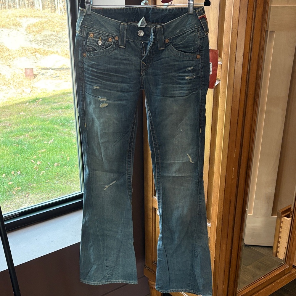 True Religion Distressed Blue Boot Cut Jeans